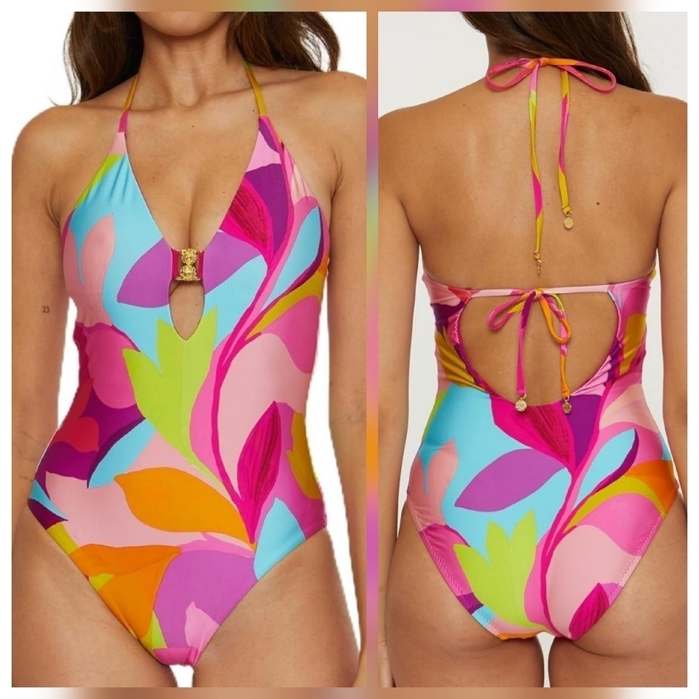 NWT TRINA TURK SWIM Women's Lilleth Halter Plunge One Piece Swimsuit Size 10